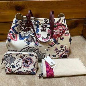 NWT Tory Burch Kerrington Square Tote + Cosmetic Bag Multi Happy Times Purse